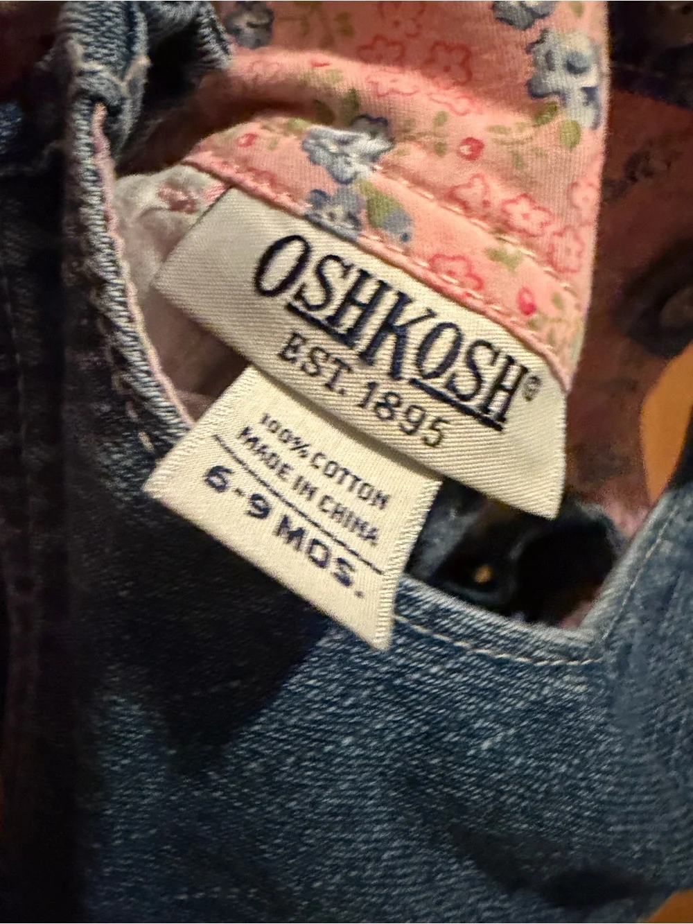 Vintage OshKosh B'gosh Dark Blue Denim Overalls with Pink Floral Cuffs